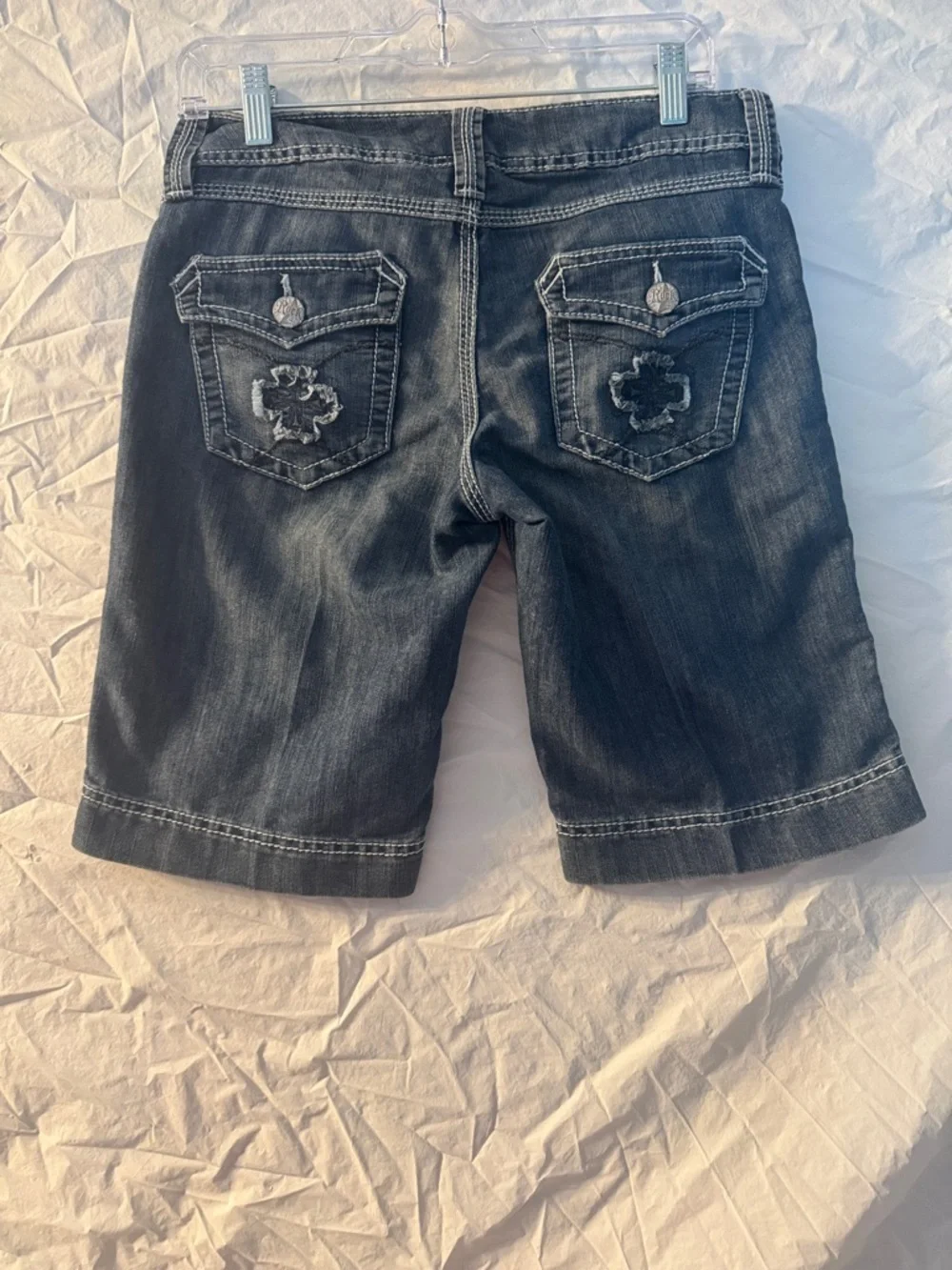 Wrangler Rock 47 Western Dark Blue Denim Long Shorts with White Stitching
